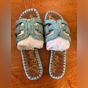Sam Edelman Beckie Slide Sandal Denim Blue Raffia Braid 6.5 M, new in box